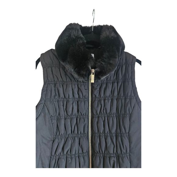 Calvin Klein Womens M Vest Black Faux Fur Collar Gold Zip Pockets Smocking - Picture 3 of 11
